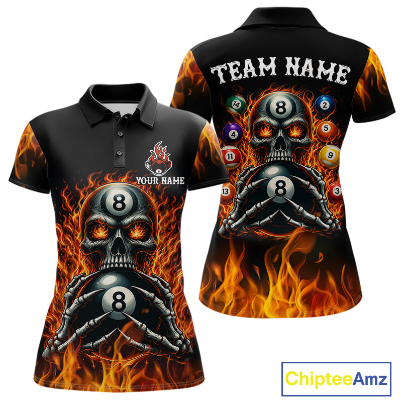 Fire Flame Skull 8 Ball women's billiard polo shirt custom red flame pool jersey, personalized billiards team uniform, tournament cue sports apparel