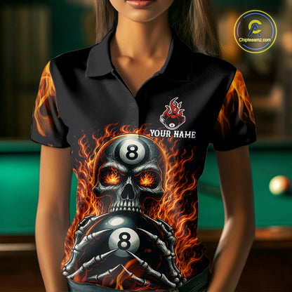 Female billiards player wearing Fire Flame Skull 8 Ball red pool jersey during league and tournament play