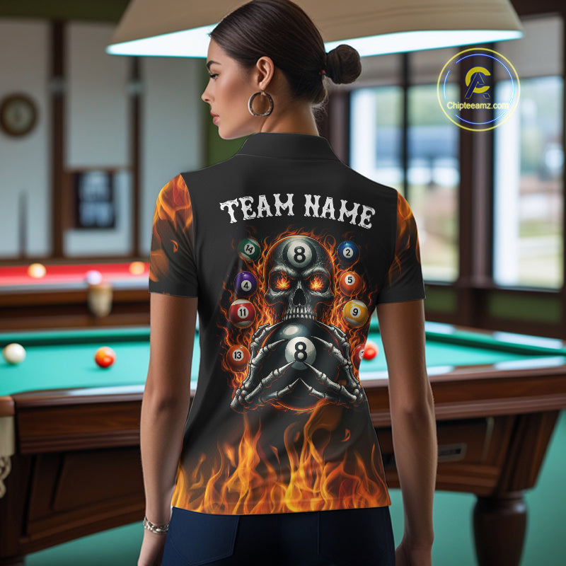 Female billiards player wearing Fire Flame Skull 8 Ball red pool jersey during league and tournament play
