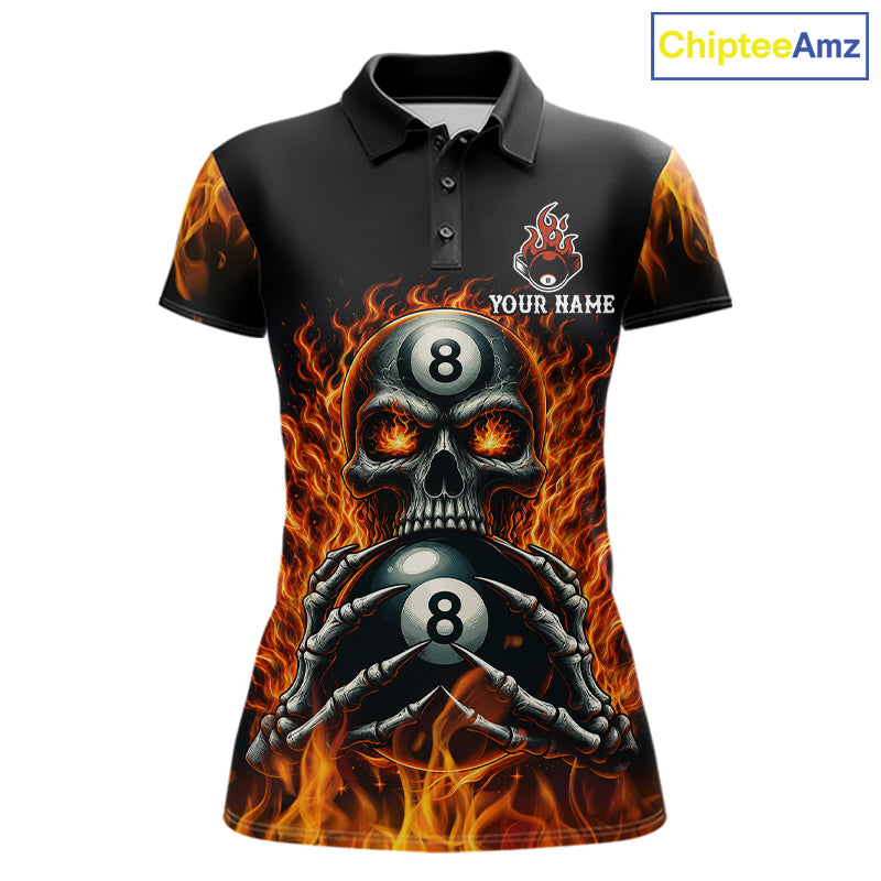 Fire Flame Skull 8 Ball women's billiard polo shirt custom red flame pool jersey, personalized billiards team uniform, tournament cue sports apparel