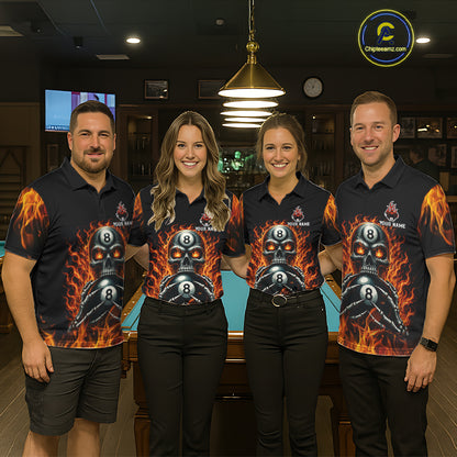 Men women billiard team wearing Fire Flame Skull 8 Ball custom red flame pool uniforms, personalized billiard jerseys