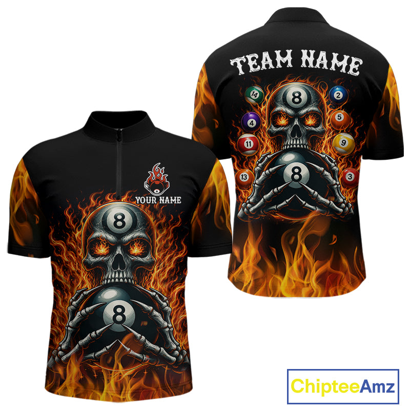Fire Flame Skull 8 Ball men's quarter zip billiard shirt custom red flame pool team jersey, professional billiards apparel