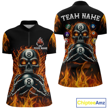 Fire Flame Skull 8 Ball women's quarter zip billiard shirt custom red flame pool team jersey, professional billiards apparel
