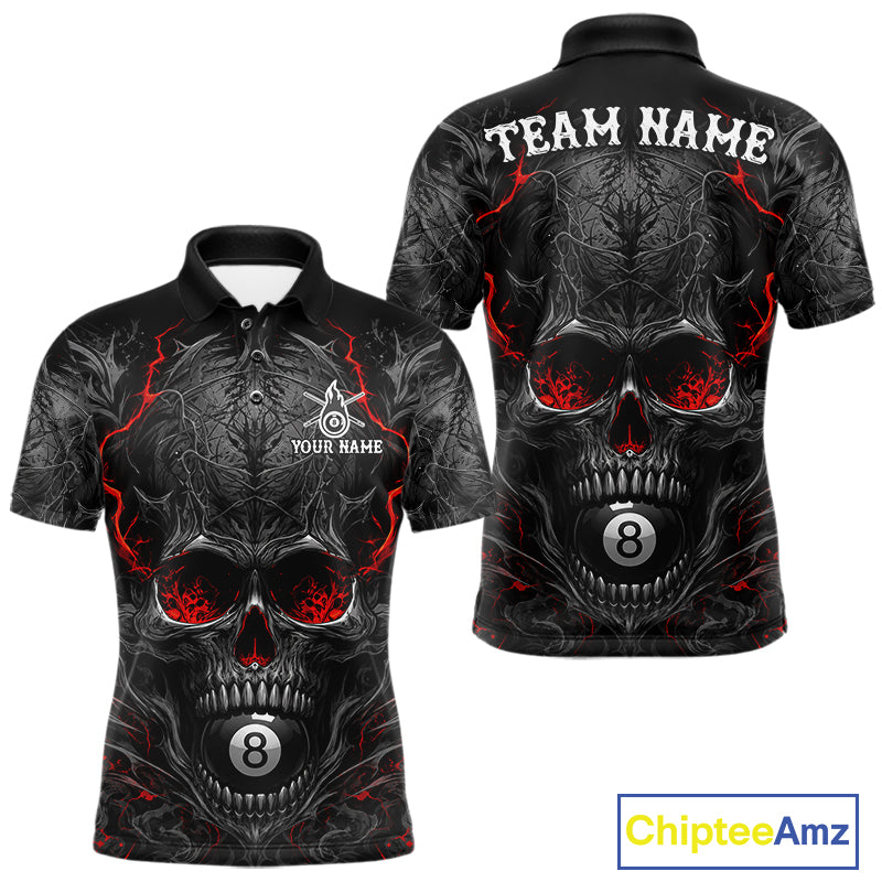 Black Red Flaming Skull 8 Ball men's billiard polo shirt custom pool team jersey, personalized billiards apparel