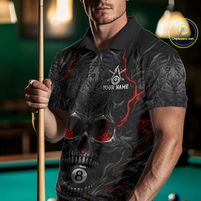 Male billiards player wearing Flaming Skull 8 Ball pool jersey during league and tournament competition