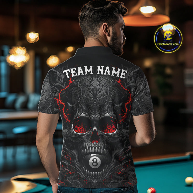 Male billiards player wearing Flaming Skull 8 Ball pool jersey during league and tournament competition