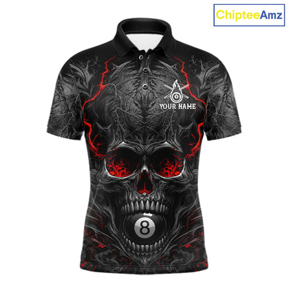 Black Red Flaming Skull 8 Ball men's billiard polo shirt custom pool team jersey, personalized billiards apparel