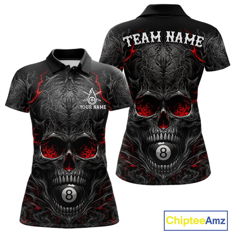 Black Red Flaming Skull 8 Ball women's billiard polo shirt custom pool team jersey, personalized billiards apparel