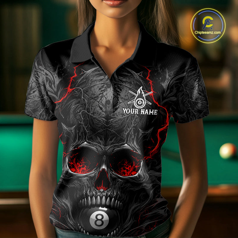 Female billiards player wearing Flaming Skull 8 Ball pool jersey during league and BCA tournament competition