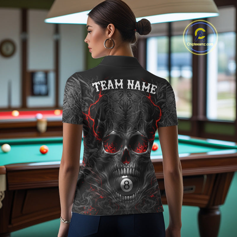 Female billiards player wearing Flaming Skull 8 Ball pool jersey during league and BCA tournament competition