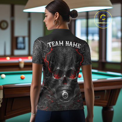 Female billiards player wearing Flaming Skull 8 Ball pool jersey during league and BCA tournament competition