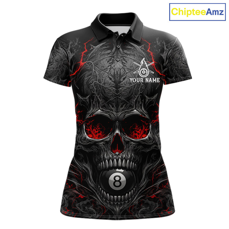 Black Red Flaming Skull 8 Ball women's billiard polo shirt custom pool team jersey, personalized billiards apparel