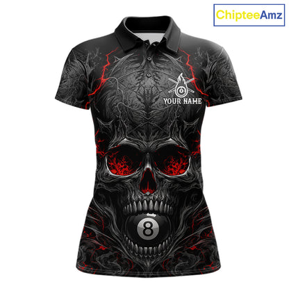 Black Red Flaming Skull 8 Ball women's billiard polo shirt custom pool team jersey, personalized billiards apparel