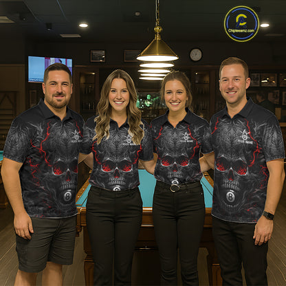 Men women billiard team wearing Flaming Skull 8 Ball custom billiard uniforms, personalized pool team jerseys
