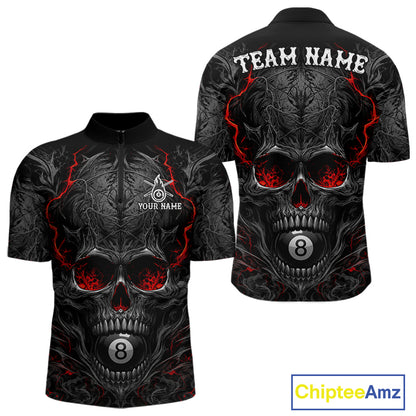 Black Red Flaming Skull 8 Ball men's quarter zip billiard shirt custom cue sports uniform, tournament pool jersey
