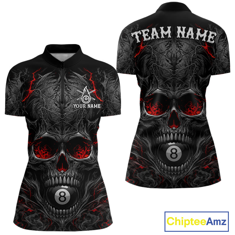 Black Red Flaming Skull 8 Ball women's quarter zip billiard shirt custom cue sports uniform, tournament pool jersey