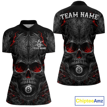 Black Red Flaming Skull 8 Ball women's quarter zip billiard shirt custom cue sports uniform, tournament pool jersey