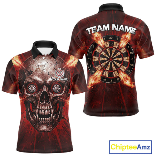 Custom Red Flames Dart Arrow Cracked Skull Men Darts Polo Shirt Grunge Dart Gifts NYN1989