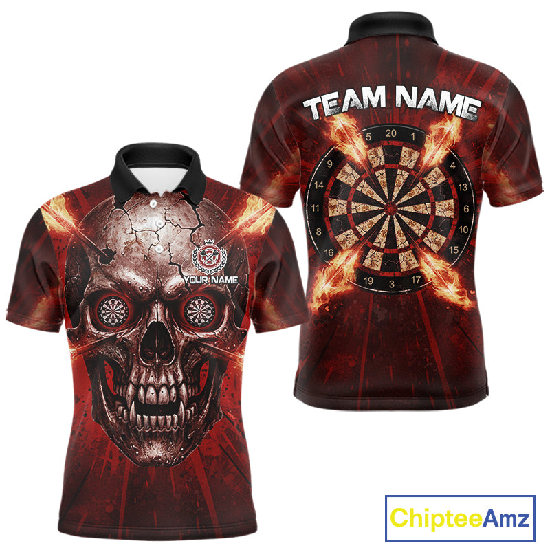 Custom Red Flames Dart Arrow Cracked Skull Men Darts Polo Shirt Grunge Dart Gifts NYN1989