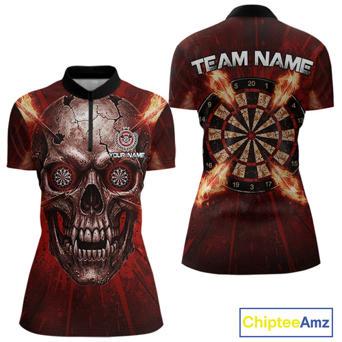 Custom Red Flames Dart Arrow Cracked Skull Women Darts Quarter-Zip Shirt Grunge Dart Gifts NYN1989