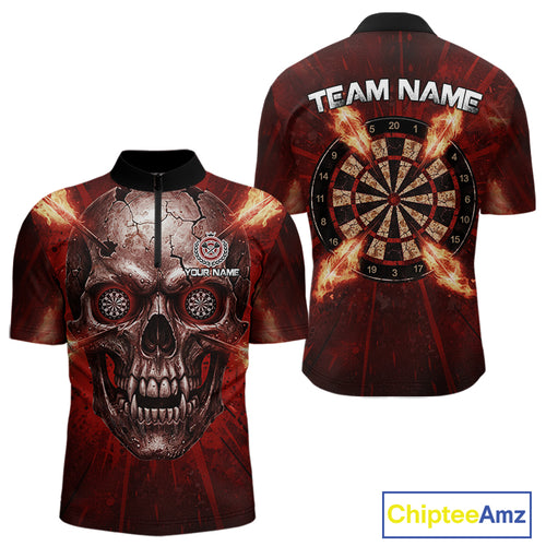 Custom Red Flames Dart Arrow Cracked Skull Men Darts Quarter-Zip Shirt Grunge Dart Gifts NYN1989