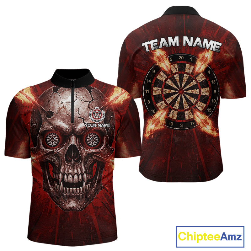 Custom Red Flames Dart Arrow Cracked Skull Men Darts Quarter-Zip Shirt Grunge Dart Gifts NYN1989