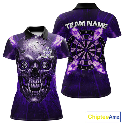 Custom Purple Flames Dart Arrow Cracked Skull Women Darts Polo Shirt Grunge Dart Gifts NYN1990