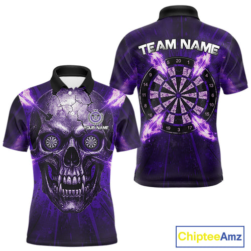 Custom Purple Flames Dart Arrow Cracked Skull Men Darts Polo Shirt Grunge Dart Gifts NYN1990