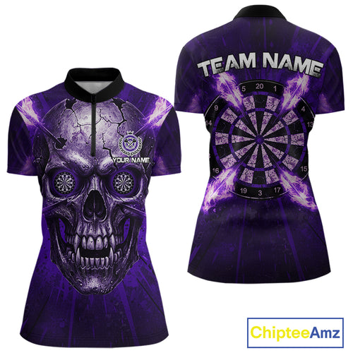 Custom Purple Flames Dart Arrow Cracked Skull Women Darts Quarter-Zip Shirt Grunge Dart Gifts NYN1990