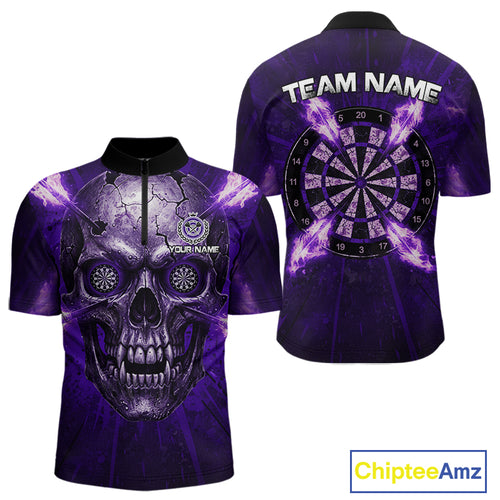 Custom Purple Flames Dart Arrow Cracked Skull Men Darts Quarter-Zip Shirt Grunge Dart Gifts NYN1990