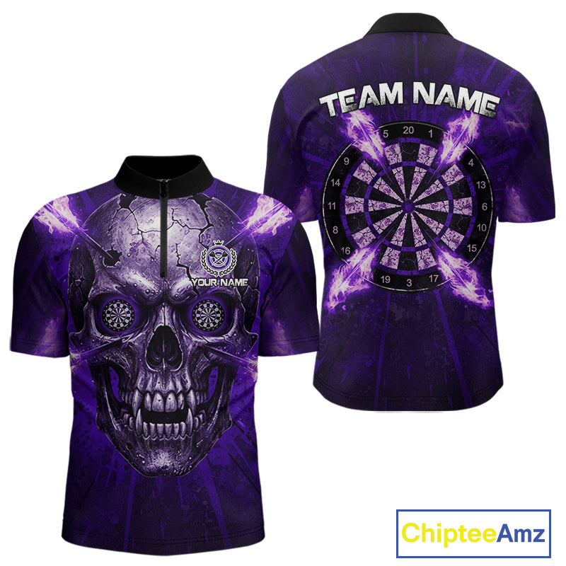 Custom Purple Flames Dart Arrow Cracked Skull Men Darts Quarter-Zip Shirt Grunge Dart Gifts NYN1990