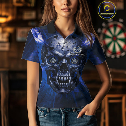 Custom Blue Flames Dart Arrow Cracked Skull Women Darts Polo Shirt Grunge Dart Gifts NYN1991