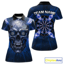 Load image into Gallery viewer, Custom Blue Flames Dart Arrow Cracked Skull Women Darts Polo Shirt Grunge Dart Gifts NYN1991