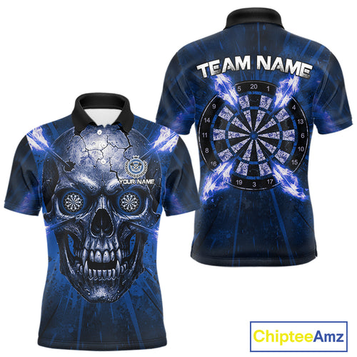 Custom Blue Flames Dart Arrow Cracked Skull Men Darts Polo Shirt Grunge Dart Gifts NYN1991