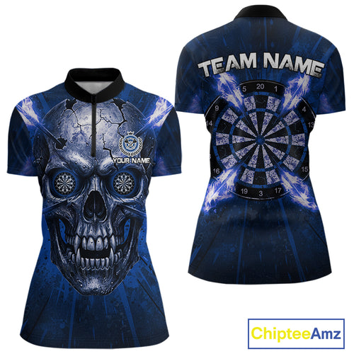 Custom Blue Flames Dart Arrow Cracked Skull Women Darts Quarter-Zip Shirt Grunge Dart Gifts NYN1991