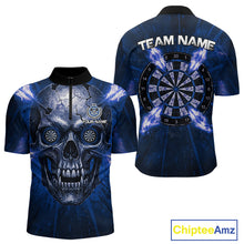 Load image into Gallery viewer, Custom Blue Flames Dart Arrow Cracked Skull Men Darts Quarter-Zip Shirt Grunge Dart Gifts NYN1991