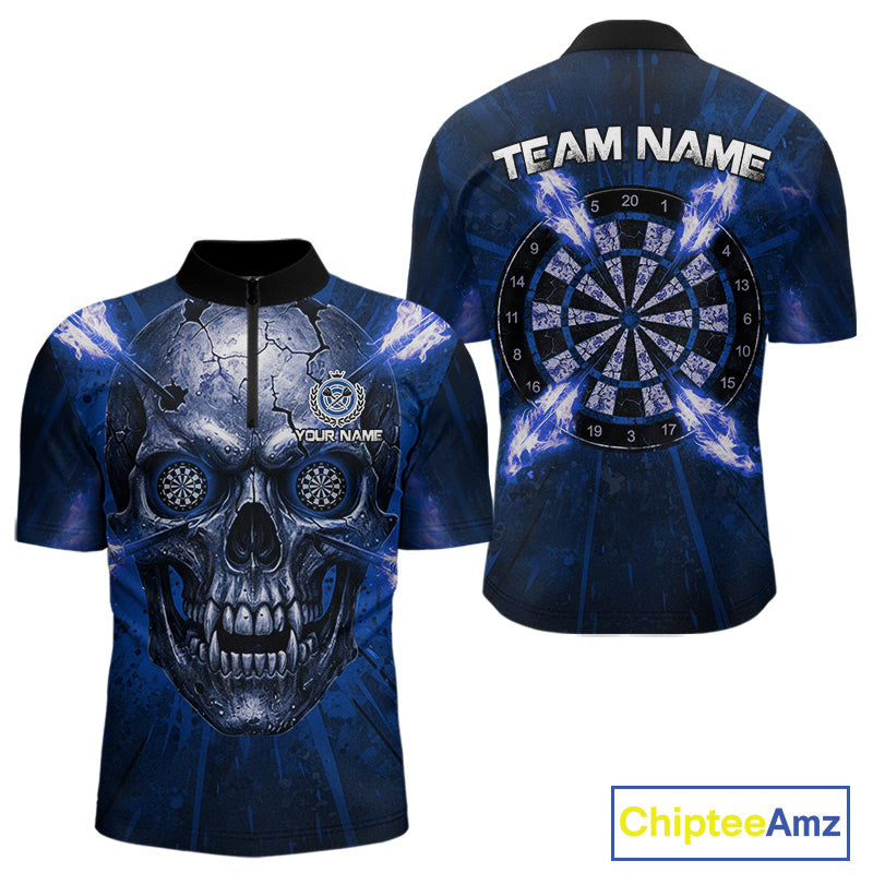 Custom Blue Flames Dart Arrow Cracked Skull Men Darts Quarter-Zip Shirt Grunge Dart Gifts NYN1991