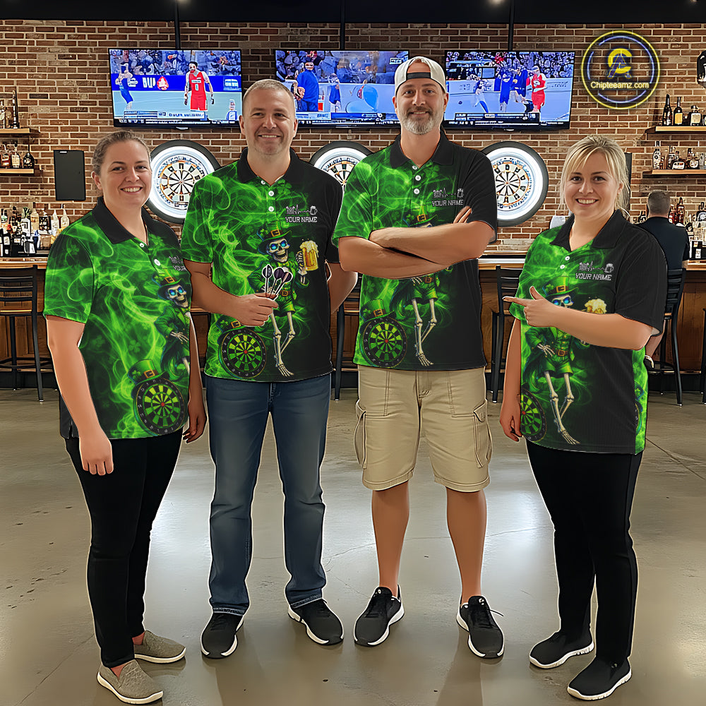 Funny Skeleton St Patrick's Day Women  Darts Polo Shirt Custom Flame Shamrock Darts Team Jersey NYN2529