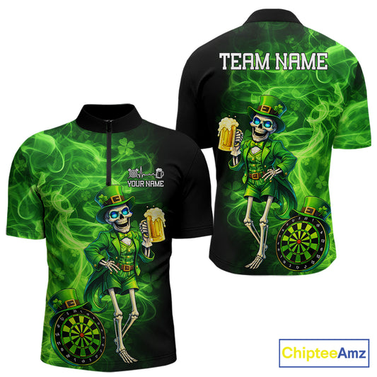 Funny Skeleton St Patrick's Day Men Darts Quarter-Zip Shirt Custom Flame Shamrock Darts Team Jersey NYN2529