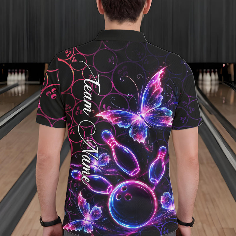 Neon Blue And Pink Butterfly Bowling Polo & 1/4-Zip Shirt For Men Custom Colorful Bowling Team Jersey NYN3266