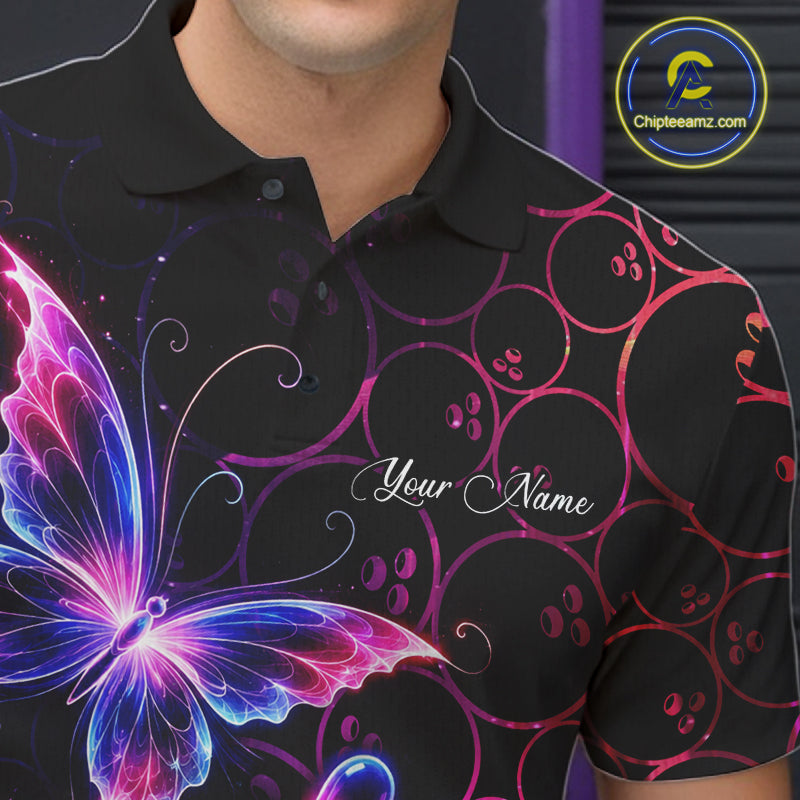 Neon Blue And Pink Butterfly Bowling Polo & 1/4-Zip Shirt For Men Custom Colorful Bowling Team Jersey NYN3266