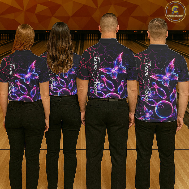 Neon Blue And Pink Butterfly Bowling Polo & 1/4-Zip Shirt For Men Custom Colorful Bowling Team Jersey NYN3266