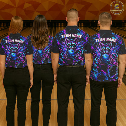 Splatter Neon Purple & Blue Bowling Shirts For Men Custom Funny Raccoon Team Bowling Jersey NYN3270
