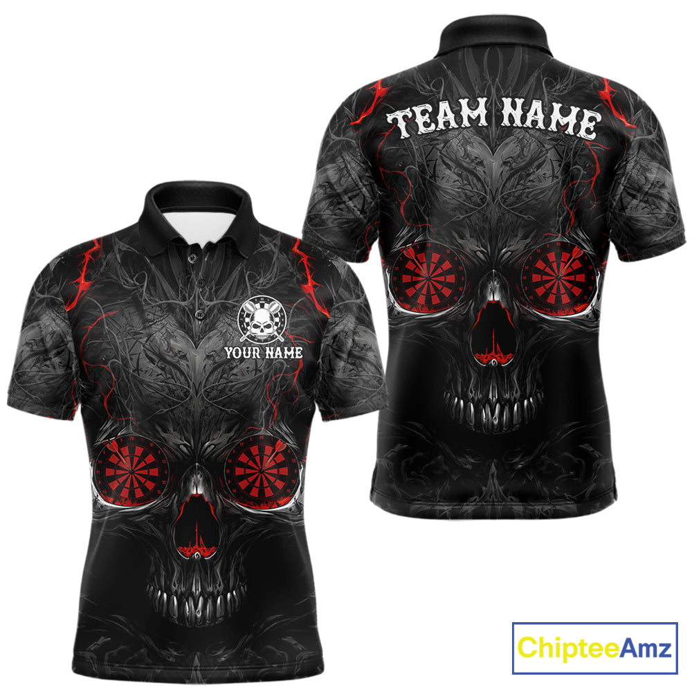 Black Red Skull Dartboard men's darts polo shirt, custom skull dart jersey, personalized dart team apparel, tournament dart uniform