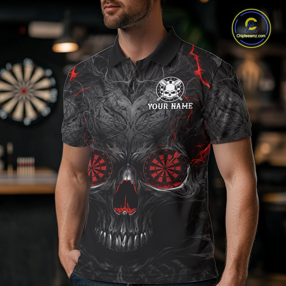 Male darts player wearing Black Red Skull Dartboard jersey during league and tournament competition