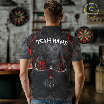 Male darts player wearing Black Red Skull Dartboard jersey during league and tournament competition