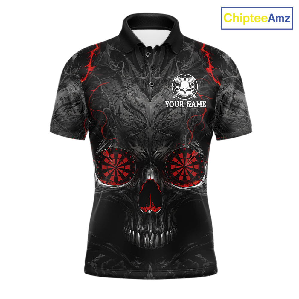 Black Red Skull Dartboard men's darts polo shirt, custom skull dart jersey, personalized dart team apparel, tournament dart uniform