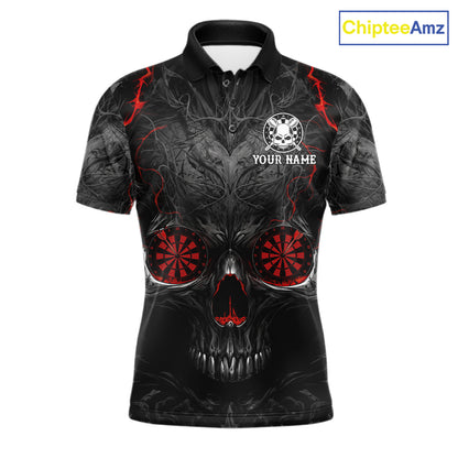 Black Red Skull Dartboard men's darts polo shirt, custom skull dart jersey, personalized dart team apparel, tournament dart uniform