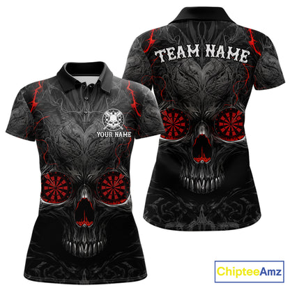 Black Red Skull Dartboard women's darts polo shirt, custom skull dart jersey, personalized dart team apparel, tournament dart uniform