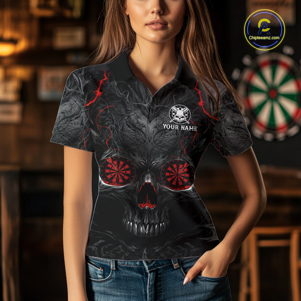 Female darts player wearing Black Red Skull Dartboard jersey during league and tournament competition